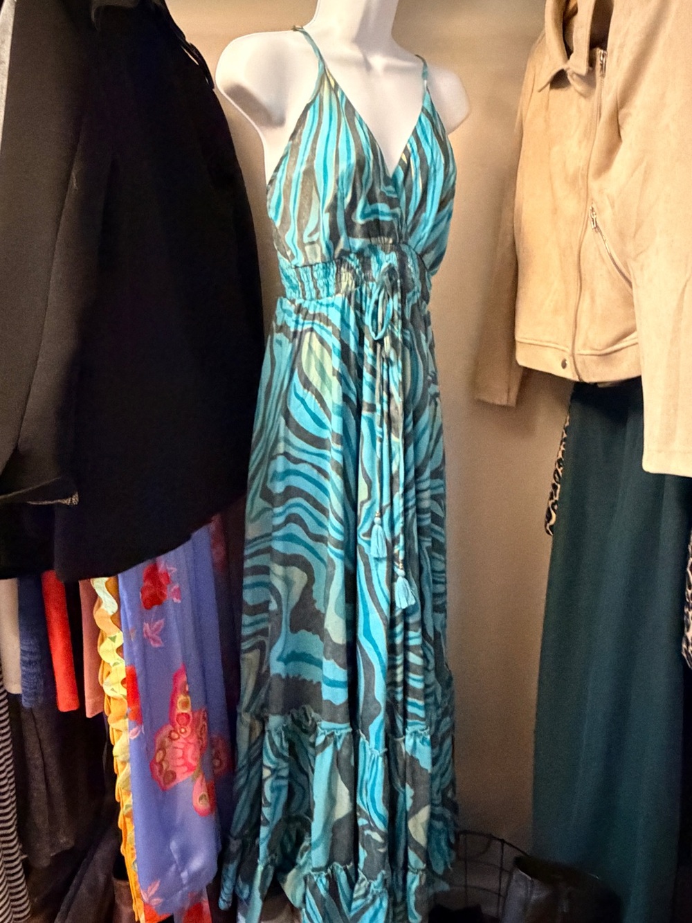 Turquoise Grey Gold Print Maxi Dress